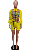 Lake Blue New Digital Printing Long Sleeve Lapel Neck Single-Breasted Shirt Tied Romper Shorts F88379-1