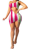 Red Women Rainbow Printing One Shoulder Condole Belt Sexy Crop Drawsting Mini Dress AYQ0503-2