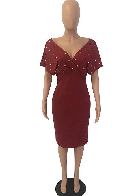 White New Night Club Short Sleeve V Neck Beaded Zip Back Bodycon Dress HH8825-1