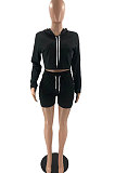 Gray Women Pure Color Hat Long Sleeve Shorts Sets AYQ0419-3