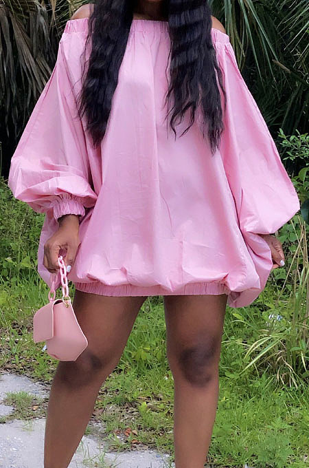 Pink Cute Solid Colur Lantern Sleeve A Word Shoulder Loose Mini Dress YT3286-1