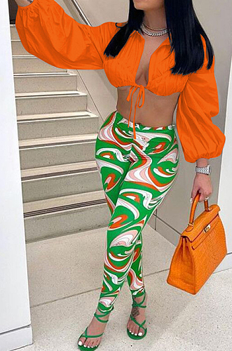 Green Fashion Lapel Neck Lantern Sleeve Tied  Crop Top High Waist Printing Pants F88380-3