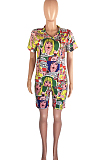 Colorful Cartoon Graphic Printing V Collar Short Sleeve T-Shirt Shorts Sport Sets HMR6017