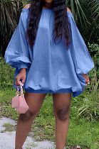 Blue Cute Solid Colur Lantern Sleeve A Word Shoulder Loose Mini Dress YT3286-2