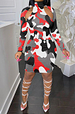 Grey Camouflage Printing Half High Neck Long Sleeve Hollow Out Collcet Waist Hip Dress YMM9055-4