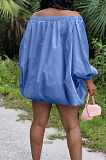 Orange Cute Solid Colur Lantern Sleeve A Word Shoulder Loose Mini Dress YT3286-3