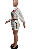 Lake Blue New Digital Printing Long Sleeve Lapel Neck Single-Breasted Shirt Tied Romper Shorts F88379-1