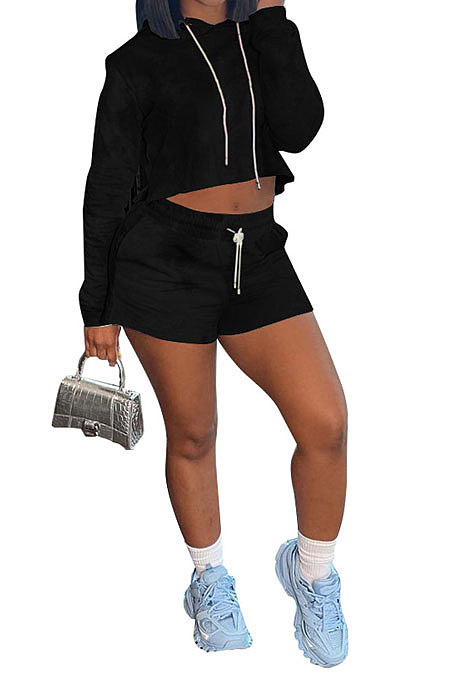 Yellow Women Pure Color Hat Long Sleeve Shorts Sets AYQ0419-2