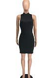 Black Sleeveless Stand Collar Zipper Back Cross Collect Waist Tank Midi Dress CCN1852-2