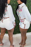 Lake Blue New Digital Printing Long Sleeve Lapel Neck Single-Breasted Shirt Tied Romper Shorts F88379-1