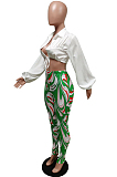 White Fashion Lapel Neck Lantern Sleeve Tied  Crop Top High Waist Printing Pants F88380-1