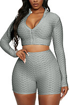 Gray Euramerican Women Bodycon Pure Color Long Sleeve Casual Yoga Sport Shorts Sets SN390110-6