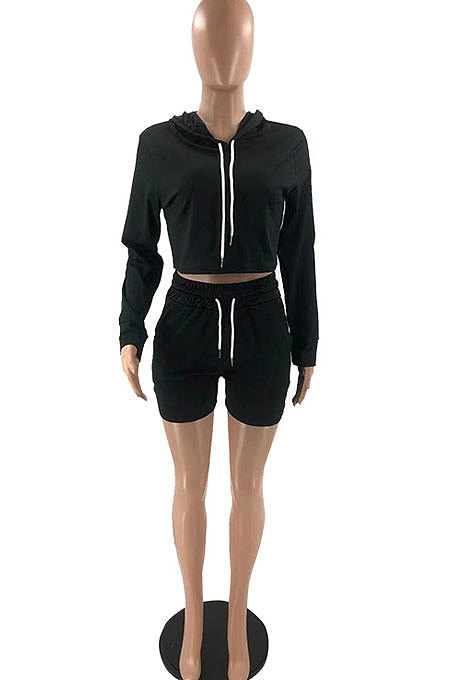 Yellow Women Pure Color Hat Long Sleeve Shorts Sets AYQ0419-2