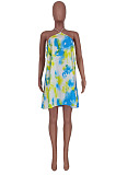Cyan Sexy Halter Neck Backless Digital Tie Dye Printing Loose Swing Dress ZDD31157-3