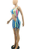 Red Women Rainbow Printing One Shoulder Condole Belt Sexy Crop Drawsting Mini Dress AYQ0503-2