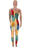 Red Nigh Club Women One Shoulder Sleeveless Digital Printing Bodycon Jumpsuits HG117-1