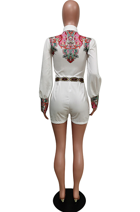 Yellow New Digital Printing Long Sleeve Lapel Neck Single-Breasted Shirt Tied Romper Shorts F88379-2