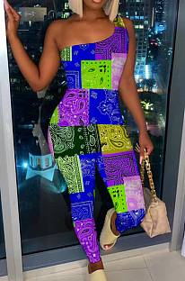 Blue Nigh Club Women One Shoulder Sleeveless Digital Printing Bodycon Jumpsuits HG117-3