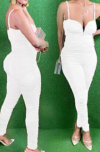 White Night Club Condole Belt Low Cut Solid Colur Bodycon Jumpsuits HMR6015-1