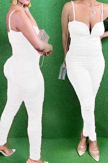 White Night Club Condole Belt Low Cut Solid Colur Bodycon Jumpsuits HMR6015-1