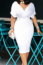 White New Night Club Short Sleeve V Neck Beaded Zip Back Bodycon Dress HH8825-1