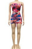 Red Sexy Strapless Mesh Spaghetti Drawsting Skirts Sets XZ5173-1