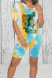 Blue Casual Printing V Neck Short Sleeve T-Shirt Shorts Two-Piece HMR6018-3