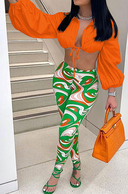 Orange Fashion Lapel Neck Lantern Sleeve Tied  Crop Top High Waist Printing Pants F88380-2