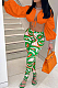 Orange Fashion Lapel Neck Lantern Sleeve Tied  Crop Top High Waist Printing Pants F88380-2
