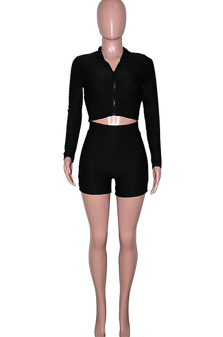 Dark Blue Euramerican Women Bodycon Pure Color Long Sleeve Casual Yoga Sport Shorts Sets SN390110-3