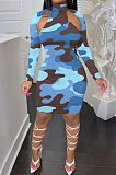 Army Green Camouflage Printing Half High Neck Long Sleeve Hollow Out Collcet Waist Hip Dress YMM9055-1