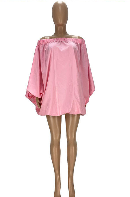 Pink Cute Solid Colur Lantern Sleeve A Word Shoulder Loose Mini Dress YT3286-1