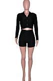 Gray Euramerican Women Bodycon Pure Color Long Sleeve Casual Yoga Sport Shorts Sets SN390110-6