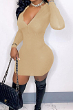 Khaki Ribber Square Neck Long Sleeve Embroidery Zipper Sexy Hip Dress HH8983-1