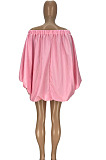 Blue Cute Solid Colur Lantern Sleeve A Word Shoulder Loose Mini Dress YT3286-2