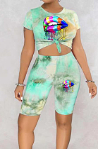 Yellow Green Tie Dye Lip Printing Short Sleeve Round Collar Shorts Two-Piece HMR6016-1