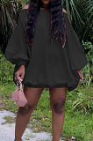 Blue Cute Solid Colur Lantern Sleeve A Word Shoulder Loose Mini Dress YT3286-2