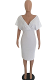 White New Night Club Short Sleeve V Neck Beaded Zip Back Bodycon Dress HH8825-1