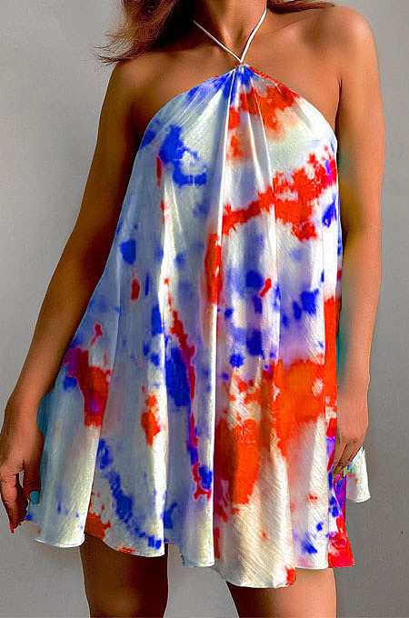 Red Sexy Halter Neck Backless Digital Tie Dye Printing Loose Swing Dress ZDD31157-1