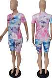 Yellow Green Tie Dye Lip Printing Short Sleeve Round Collar Shorts Two-Piece HMR6016-1