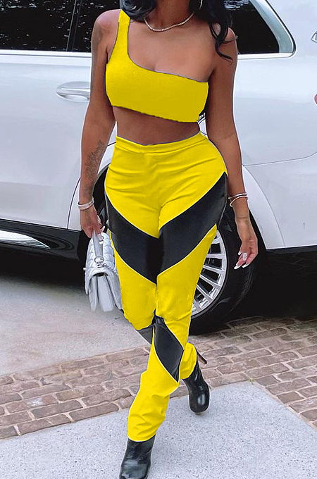 White Summer Sleeveless Dew Waist Strapless Imitation Leather Spliced Long Pants Sports Sets YMM9082-1