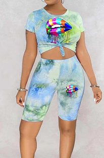 Green Blue Tie Dye Lip Printing Short Sleeve Round Collar Shorts Two-Piece HMR6016-3