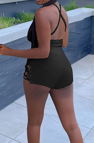 Black Summer New Condole Belt Backless Eyelet Bandage Crop Top High Waist Shorts Solid Colur Two-Piece YT3287-4