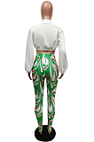 Green Fashion Lapel Neck Lantern Sleeve Tied  Crop Top High Waist Printing Pants F88380-3