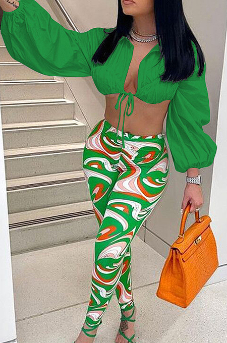 White Fashion Lapel Neck Lantern Sleeve Tied  Crop Top High Waist Printing Pants F88380-1