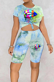 Yellow Green Tie Dye Lip Printing Short Sleeve Round Collar Shorts Two-Piece HMR6016-1