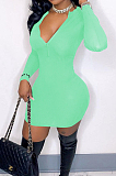 Pink Ribber Square Neck Long Sleeve Embroidery Zipper Sexy Hip Dress HH8983-2