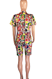 Colorful Cartoon Graphic Printing V Collar Short Sleeve T-Shirt Shorts Sport Sets HMR6017