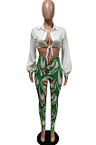 Orange Fashion Lapel Neck Lantern Sleeve Tied  Crop Top High Waist Printing Pants F88380-2