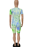 Yellow Green Tie Dye Lip Printing Short Sleeve Round Collar Shorts Two-Piece HMR6016-1